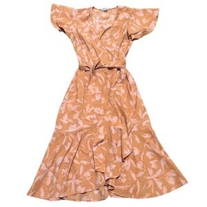 a new day XS Flutter Sleeve Midi Wrap Dress Orange Pink Print